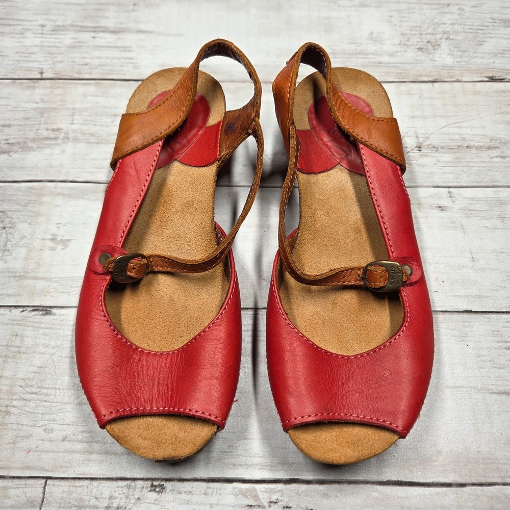 Sergio Tomani Leather Peep Toe Wedge Sandals Women 37 Red Brown Boho Buckle - Picture 2 of 9
